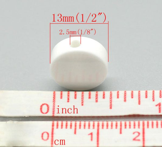 Resin Beads Flat Round, White, 13mm(1/2"), 100pcs