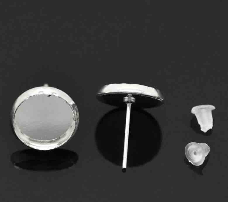 Silver Plate Earring Stud with Stopper, Cabochon setting (fits 10mm) 14 x12mm, 25 pairs