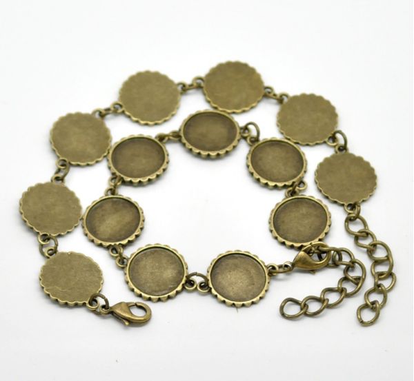 Antique Bronze Round Cabochon Setting Disk Bracelets 21cm(8 1/4"), 2pcs