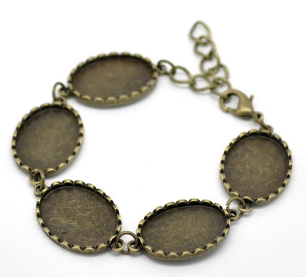 Antique Bronze Oval Cabochon Setting Disk Bracelets 19cm(7 4/8"), 2pcs