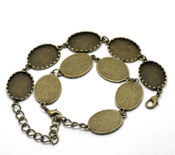 Antique Bronze Oval Cabochon Setting Disk Bracelets 19cm(7 4/8"), 2pcs