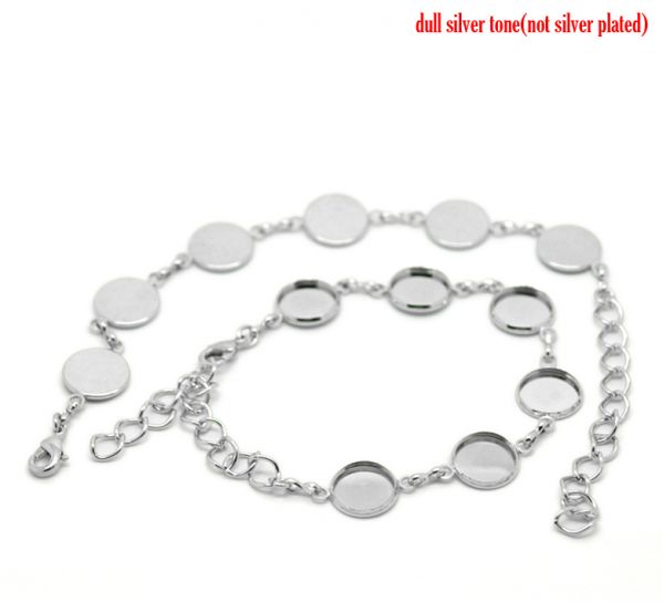 Antique Silver Round Cabochon Setting Disk Bracelets 16cm(6 2/8"), 3pcs