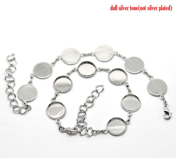 Antique Silver Round Cabochon Setting Disk Bracelets 17cm(6 6/8"), 2pcs