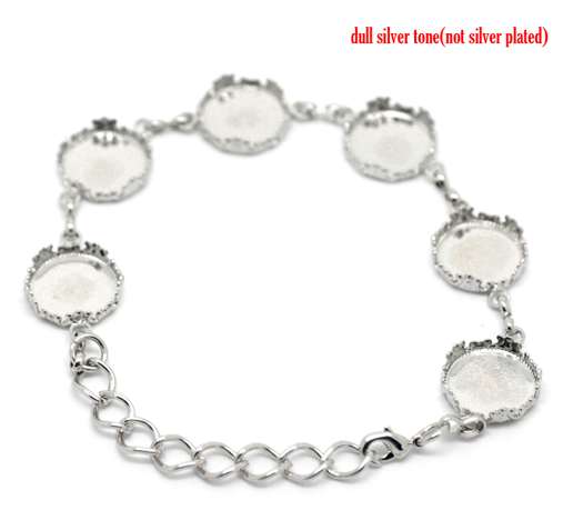 Antique Silver Round Cabochon Setting Disk Bracelets 17cm(6 6/8"), 2pcs