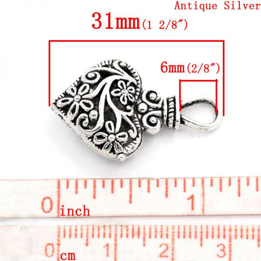 Antique Silver Hollow Heart 3d Pendant, 31x19mm, 10 pcs