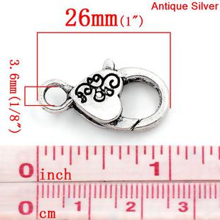 Antique Silver Love Heart Lobster Clasps 26x13mm, 10pcs