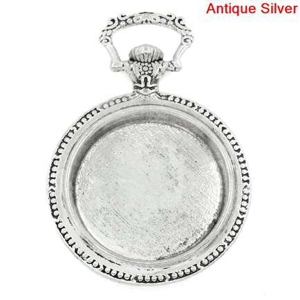 Antique Silver Frame Settings 64x45mm, (fits 33mm) 2pcs - Pocket Watch Design