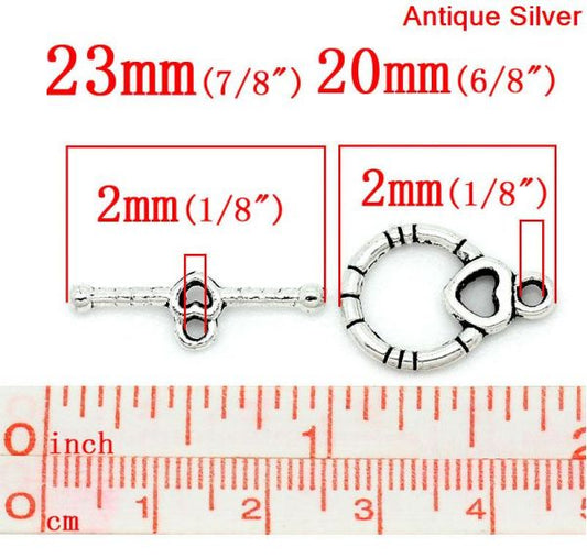 Antique Silver, Toggle Clasp Heart Design, 50 sets