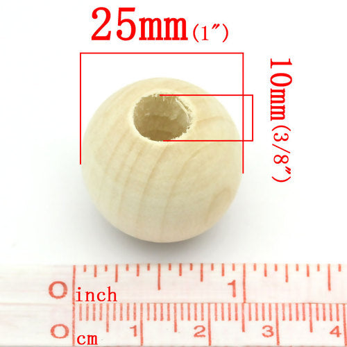 Wooden Beads Round, 25mm, 5 pieces, Raw (10mm hole)