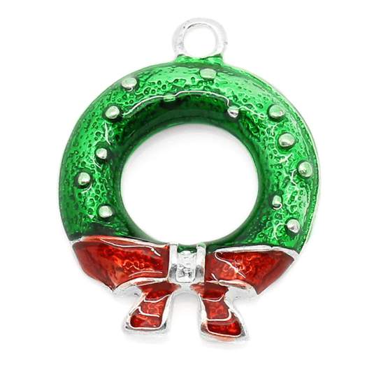 Silver Plate Enamel Christmas Wreath Charm Pendants, 25x19mm, 20pcs, Style 1