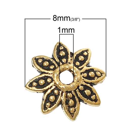 Antique Gold Flower End Beads Caps 8 x 7mm, 1000pcs (fits 10mm Bead)