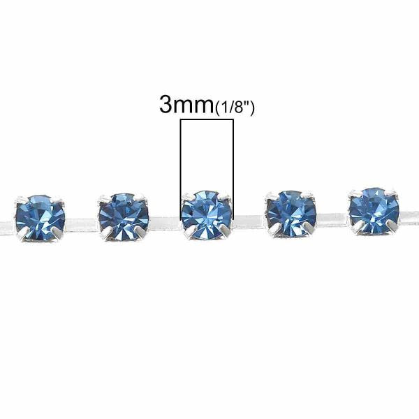 Antique Silver Cup Chain Trim, Square 3x3mm, Light Blue Rhinestone, 2 Metres