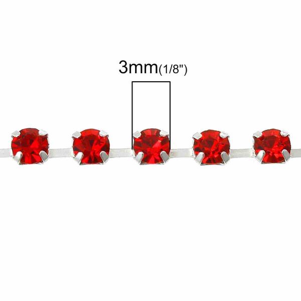 Antique Silver Cup Chain Trim, Square 3x3mm, Red Rhinestone, 2 Metres