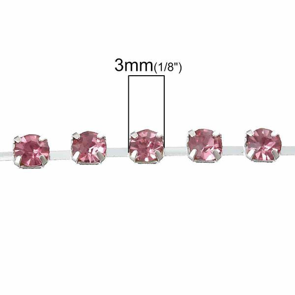 Antique Silver Cup Chain Trim, Square 3x3mm, Light Pink Rhinestone, 2 Metres