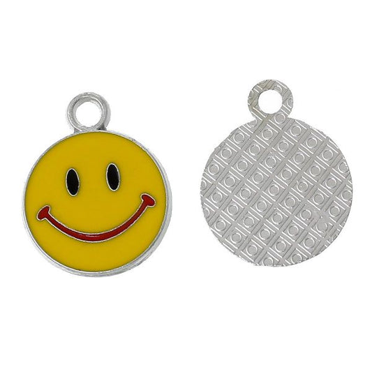 Antique Silver Charm Round Smile Design Enamel Yellow 21.0mm x 17.0mm, 2 PCs