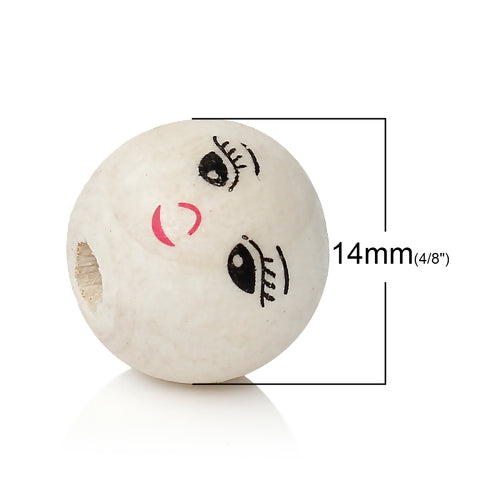 Wooden Beads Round, 14mm, 15pcs, hole 4.3mm, Natural with Smile face Pattern