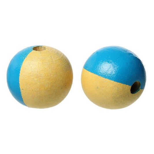 Wooden Beads Round, 18mm, 30 pieces, Light Yellow and Blue (3.2mm hole)