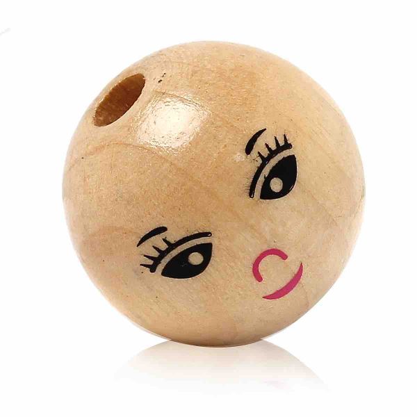 Wooden Beads Round, 22mm, hole 5mm, Natural with Smile face, 30pcs