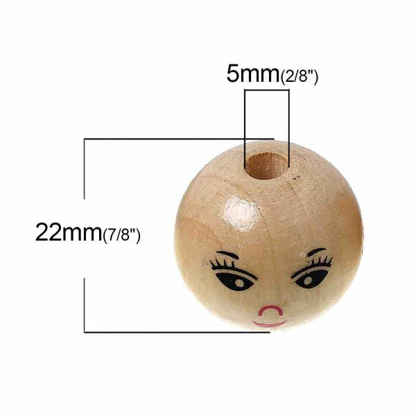 Wooden Beads Round, 22mm, hole 5mm, Natural with Smile face, 30pcs