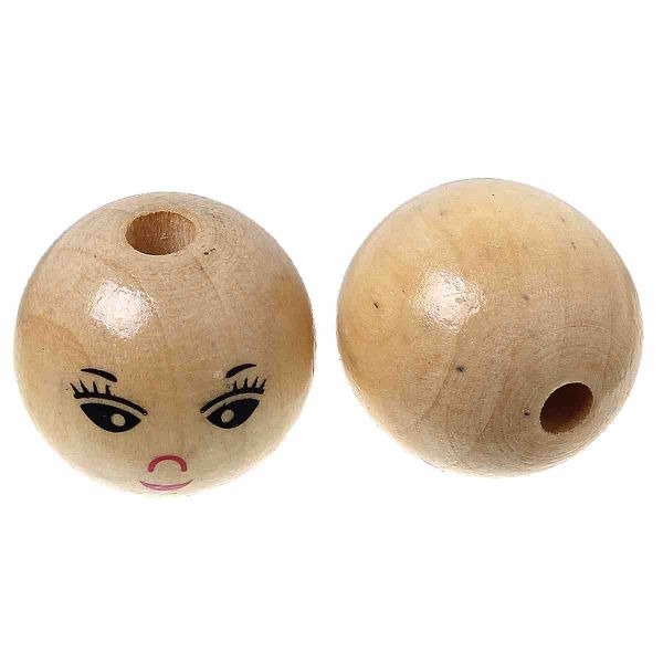 Wooden Beads Round, 22mm, hole 5mm, Natural with Smile face, 30pcs