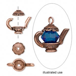 Antique copper-plated pewter Bead Cap,(tin-based alloy), 15x7mm 2-piece round teapot, fits 5-6mm bead. 1pc