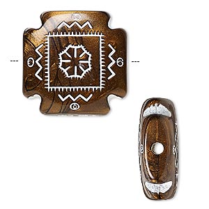 Acrylic bead bronze and white, 22x22mm double-sided Swiss cross with lines / dots / flower design, 2mm hole. 12pcs
