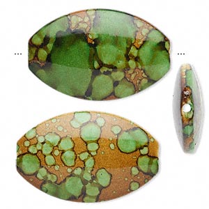 Bead, acrylic, green and brown, 50x32mm puffed oval. 10pcs