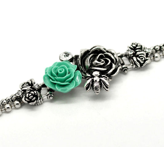 Vintage Antique Silver Bee Resin Flower Bracelet 18cm(7-1/8"), 1pc
