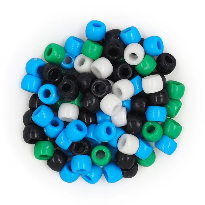 Pony Beads Mix, 6 x 8mm, Blue Black Green White, 250 grams - approx 900pcs