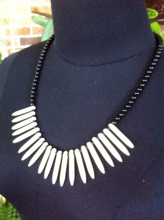 Spikey Spikes Cream Black Beaded Necklace, 54cm