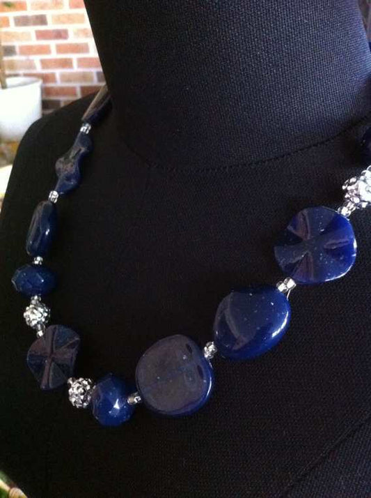 Navy Silver Beaded Necklace, 54cm