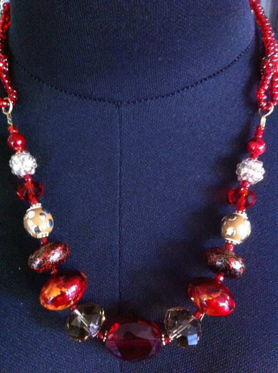 Rich Golden and Red Beaded Necklace, 54cm