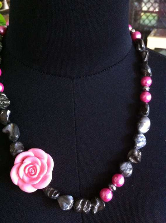 Pink Focal Flower Bead, Grey Nugget Beaded Necklace, 54cm