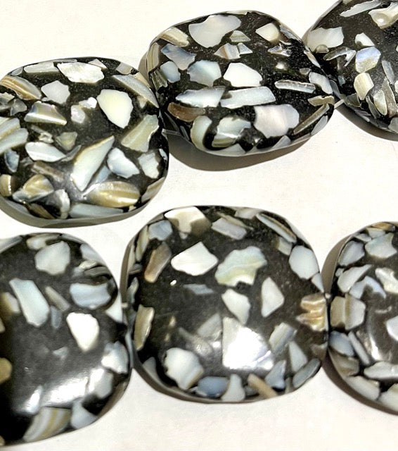 Mother of Pearl Shell and Resin Beads, 30mm black puffed square, 15inch strand