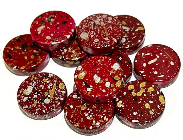 Acrylic Bead, Flat Round, red with gold silver black speckles, 19mm, 60pcs