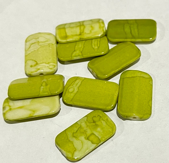 Bead, acrylic, white and green, 18x11mm ridged rectangle. 200pcs