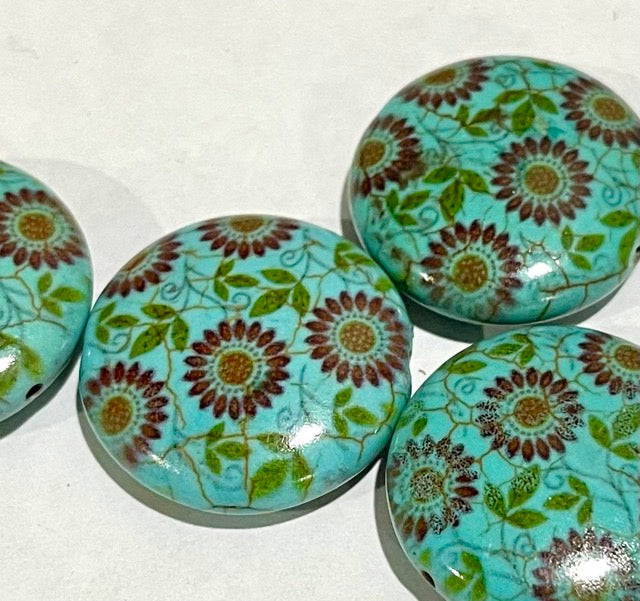 Bead Acrylic, Round 25mm, Feature Bead blue with flower, 10pcs