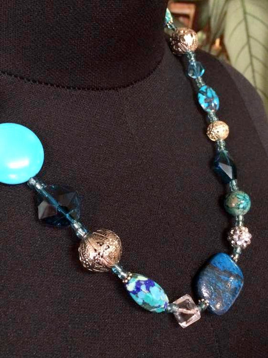 Handmade Beaded Necklace 54 cm, Blues And Silver