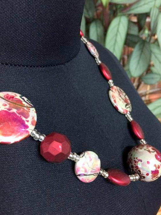 Handmade Beaded Necklace 54 cm, Dark Red, Abstract Painted Beads