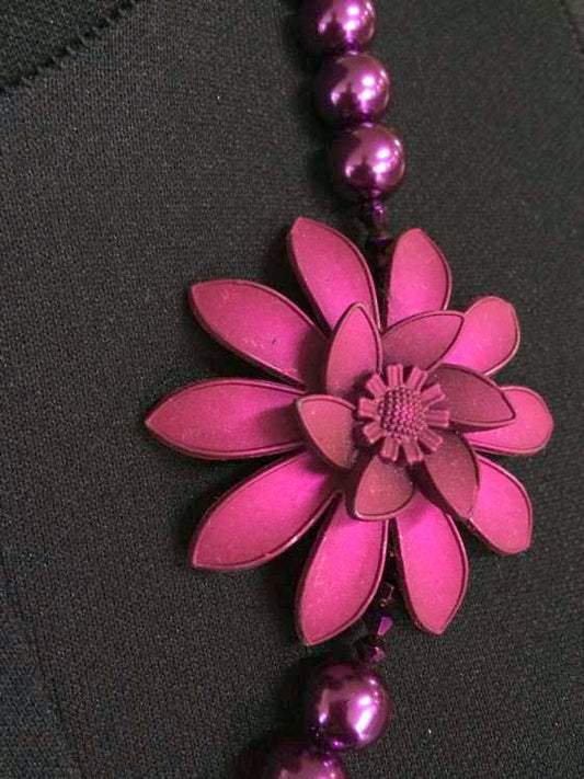 Handmade Beaded Necklace 54 cm, Dark Mulberry Coloured Flower
