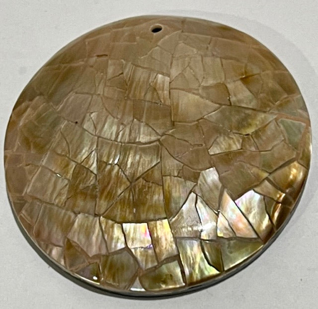 Shell - Mother of Pearl Round Pendant, Brown, cracking with Resin backing 40mm, 4mm thick, 1pc