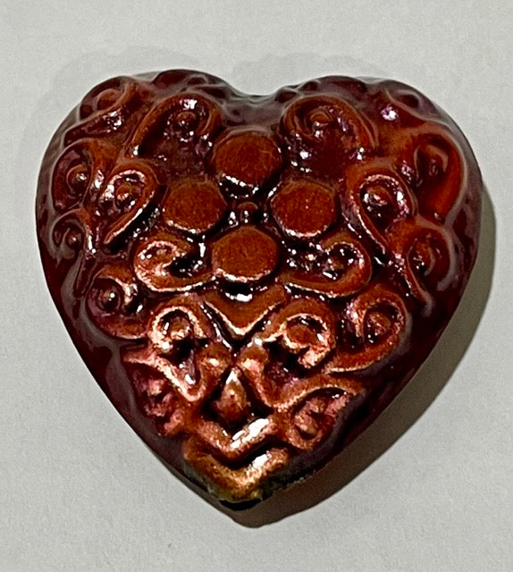 Metal Heart Bead, 30mm, Copper Plate, Embossed, 1pc