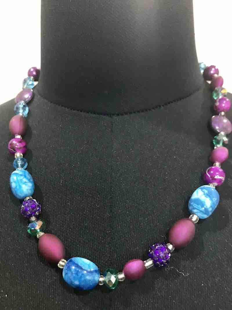 Handmade Beaded Necklace, Blues and Purple, 54cm - plus matching earrings