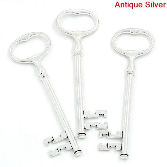 Antique Silver Key Pendants, Ornate Design, 9.8x3cm, 5pcs - Steampunk