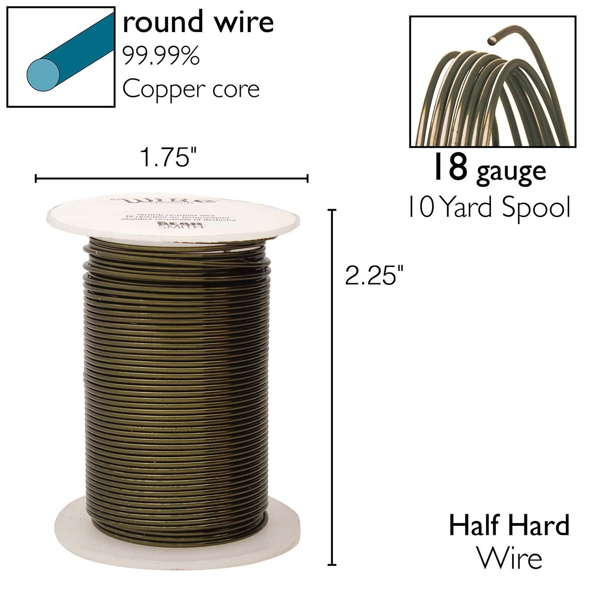 Beadsmith Non Tarnish Craft Wire Hematite, 18 ga, 10 yards - Lacquered