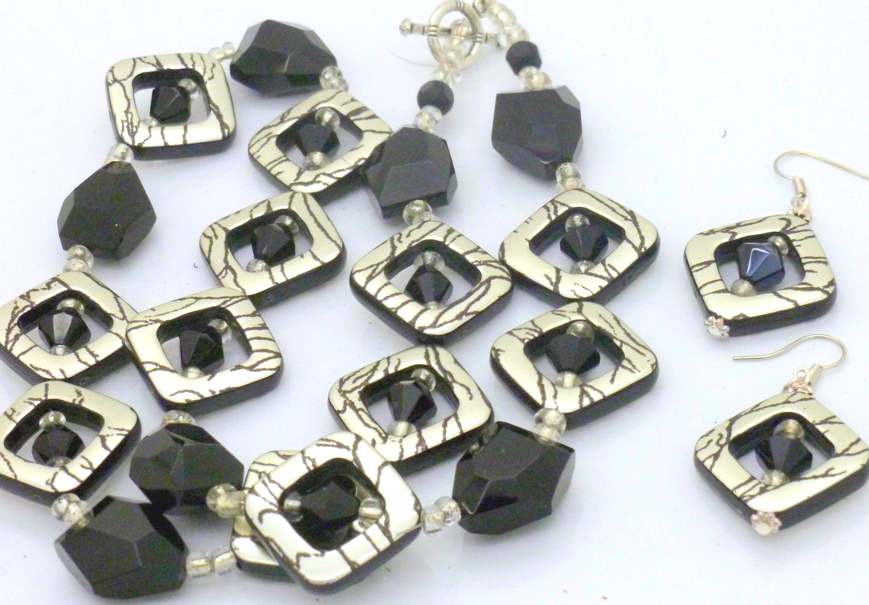 Black and Silver Beaded Necklace, 54cm - with Earrings