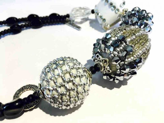 Chunky Necklace Handmade, Black & Silver Highlights, 54cm
