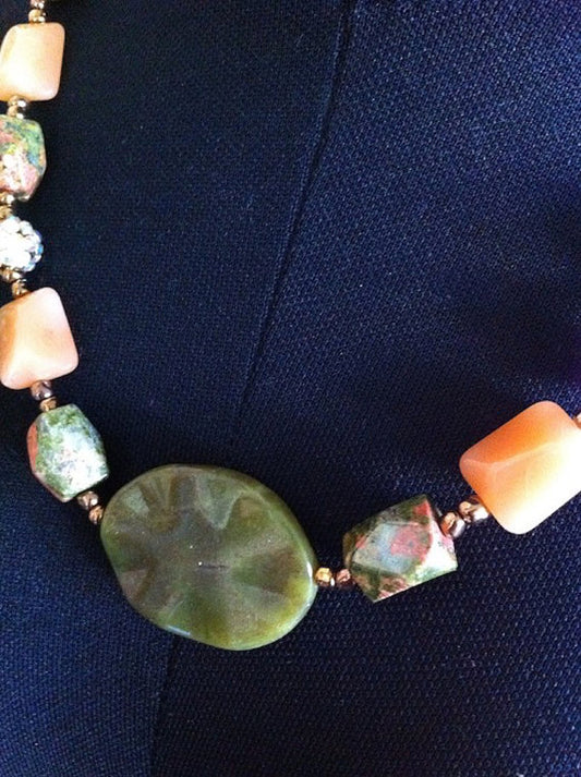Womens Beaded Necklace, Adventurine Gemstone, Peach and Olive toning, 54cms