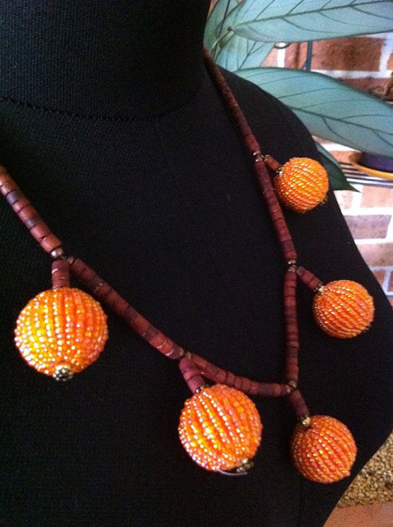 Womens Handmade Necklace, Orange Bauble Beaded, 54cm