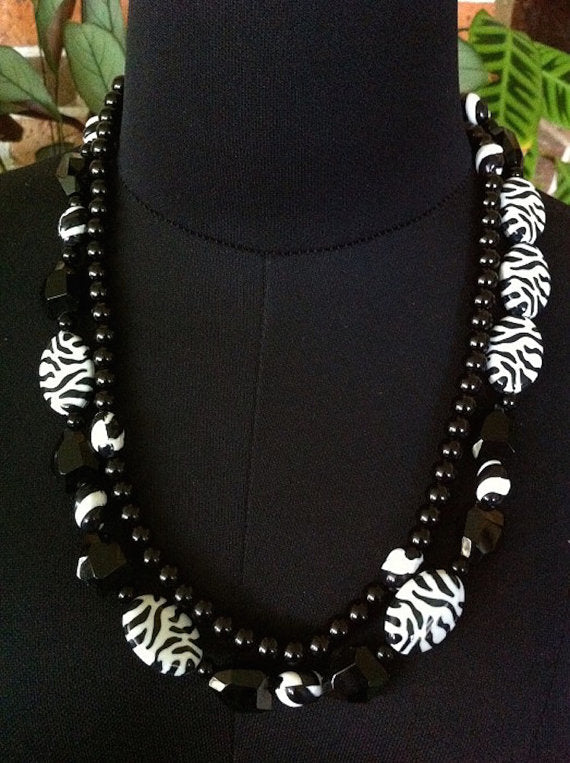 Womens Necklace - Black and White, Beaded Two stranded necklace, 54cm